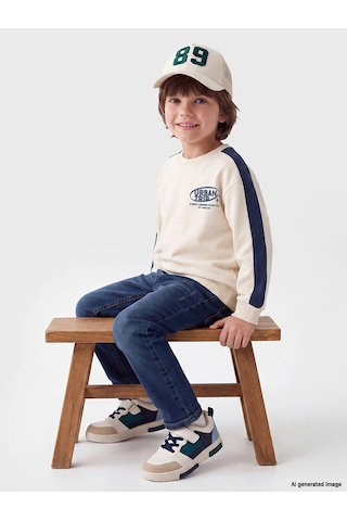 LC Waikiki Lcw Kids Bej Bisiklet Yaka Baskılı Erkek Çocuk Kalın Sweatshirt Lıght Beıge