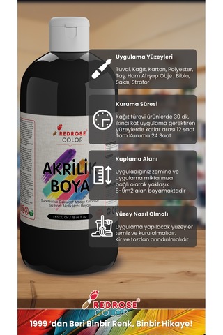 Red Rose Siyah Akrilik Boya 500  G
