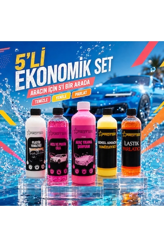 5 Li Ekonomik Araç Bakım Ve Temizlik Seti Şampuan, Hızlı Cila, Plastik Yenileyici, Genel Temizleyici Ve Lastik Parlatıcı