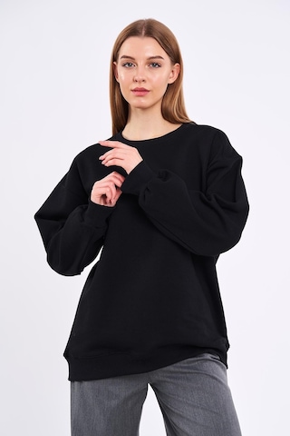 Comeor Siyah Kadın Pamuklu Oversize Basic Bisiklet Yaka Sweatshirt Siyah