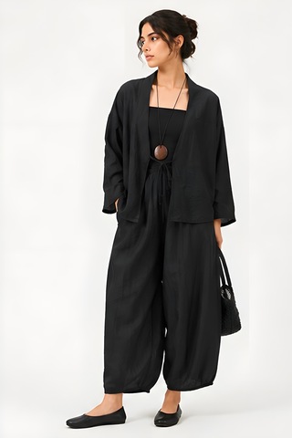 Lili Woman Kadın Siyah Krinkle Dokulu Oversize İkili Takım 50970