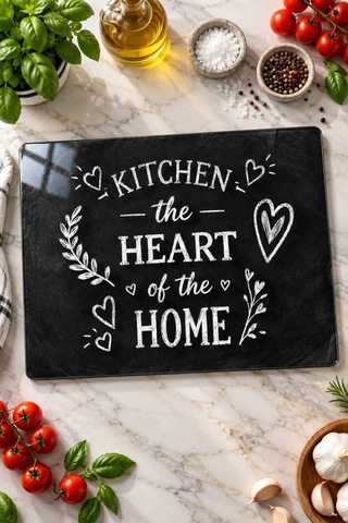 Gökçeoğlu Cam Kesme Tahtası Kitchen The Heart Of The Home Temalı Siyah - Cam Kesme Tablası 30cm X 40cm Çok Renkli