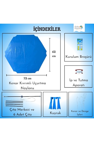 Uçurtma Yapım Seti / Naylon Altıgen / Plastik Çıtalı / Mavi