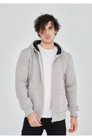 Luz&pos Erkek Tam Fermuarlı Kapşonlu Sweatshirt - Boyalı Gri Gri