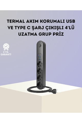 Akım Korumalı Çoklu Priz 4 Lü 2 Usb 1 Type-c 2500w Güçlü Tasarım 1.5 M
