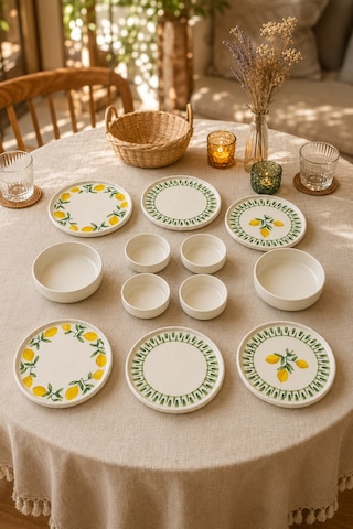 Yeşil Limon 12 Parça 6 Kişilik Handmade Stackable Seramik Tabak Seti Premium Sunum & Kahvaltı Takımı Beyaz