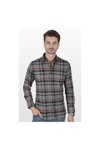 Füme Kırmızı Çizgi Slimfit Oduncu Erkek Gömlek Füme