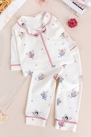 Babymod Bebe Yaka Önden Düğmeli Melek Desenli Kız Bebek Pijama Krem