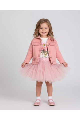 Ministok Butterfly Kız Çocuk Ceket Tütü Etek T-shirt 3'lü Takım Pembe