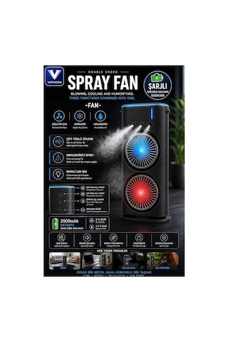 Çift Başlıklı Sprey Fan Nemlendirici Ve Renkli Led Işıklı Siyah Evimdeyokyok