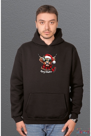 Bumeta Mooey Christmas Boğa Desenli Sweatshirt Unisex Kapüşonlu Hoodie Siyah