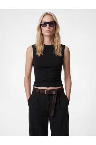 Koton Krep Scuba Kumaş Slim Fit Bisiklet Yaka Kolsuz Drape Detaylı Bluz Siyah 6sak10005ek Siyah