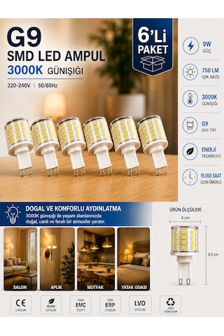 6 Adet 9w 750 Lm 3000k Günışığı G9 Smd Led Ampul