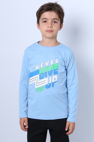 Hçm Erkek Çocuk Uzun Kollu Tshirt Never Give Up Baskılı Bisiklet Yaka D10 Açık Mavi
