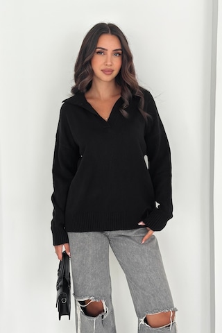 Femelle Siyah Kadın Polo Yaka Oversize Triko Kazak - Standart Beden Yumuşak Dokulu - 8551