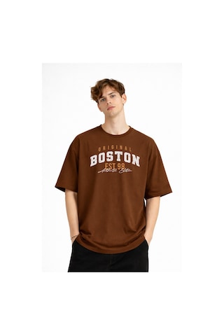 Misa Tahtakale Boston - Baskılı Oversize Tişört Kahve Çok Renkli