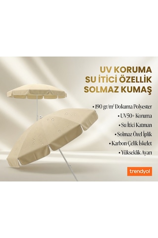 360 Dönebilen Plaj Şemsiyesi Uv Korumalı Su İtici Solmaz Kumaş 190 Gr Dokuma Polyester -krem