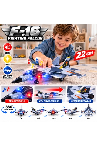 F-16 Fighting Falcon Gri Siyah Kamuflaj Desenli Sesli-ışıklı Çek-bırak Askeri Oyuncak Uçak 21 Cm