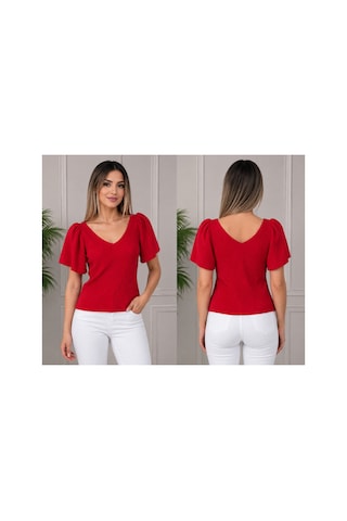 Gül&can Butik Kadın Kırmızı V Yaka Fitilli Dokulu Balon Kol Şık Günlük Triko Bluz Kırmızı