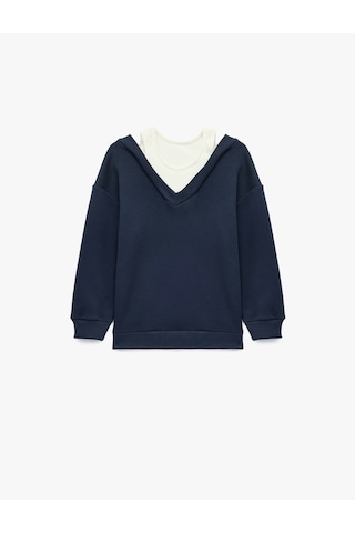 Koton V Yaka Uzun Kollu Pamuklu Şardonlu Sweatshirt Lacivert 7wkg10051ak