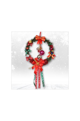 Yılbaşı Kapı Süsü, Ahşap Üzeri Garland Kapı Halkası - 33 Cm