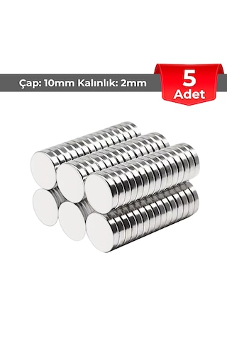 5 Adet Neodyum Mıknatıs Çap: 10mm Kalınlık: 2mm D10x2 Ndfeb Güçlü Mıknatıs Yuvarlak N009