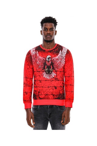 Wessi Kırmızı Baskılı Bisiklet Yaka Sweatshirt Kırmızı