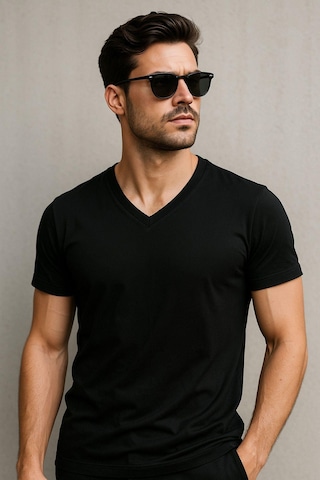 Rich Erkek V Yaka %100 Pamuk Kısa Kollu Siyah T-shirt Tişört SIYAH