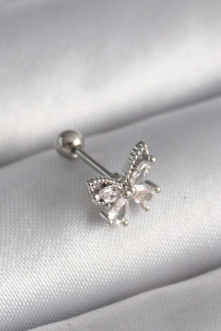 316l Çelik Gümüş Renk Zirkon Taşlı Kelebek Tragus Piercing