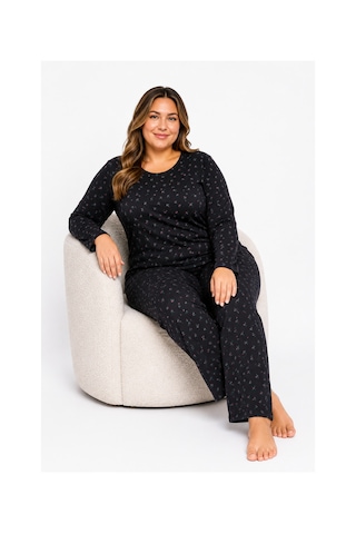 Sleeproom Büyük Beden Kadın Mevsimlik Pointiel Çiçek Desen Pijama Takımı Siyah