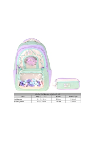 Calacilo Rainbow Kız Çocuk Rainbow Lila Yeşil Renkli Okul Sırt Çantası Ve Kalemlik Seti - Setcc-c4089c Çok Renkli