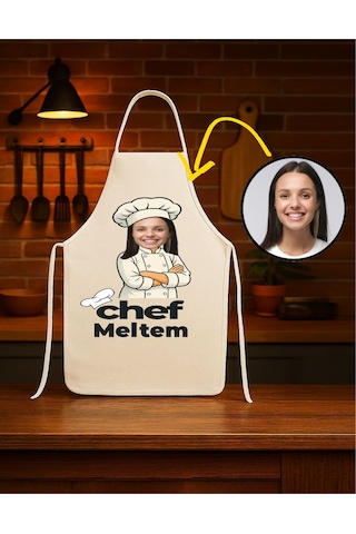 Kişiye Özel Karikatür Fotoğraflı Ve İsimli Mutfak Önlüğü Chef Tasarımlı 2 Krem