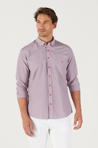 AC&Co / Altınyıldız Classics Erkek Lacı Kırmızı Slim Fit Dar Kesim Düğmeli Yaka Logolu Cepli Pamuklu Çizgili Gömlek Lacivert - Kırmızı