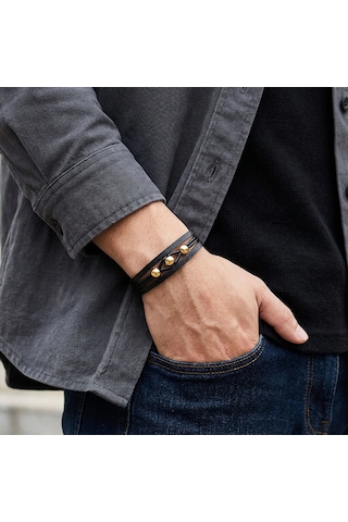 Moncuk Design Sarı Çelik Top Ve Siyah Deri Bileklik 33514b8d4