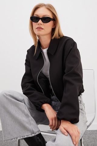 Fullamoda Fermuarlı Polo Yaka Bomber Ceket Siyah