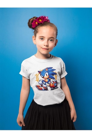 Sevbano Unisex Tasarım Sonic Baskılı Oyun Çocuk Tişört 1-12 Yaş Beyaz