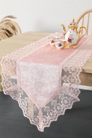 Güpürlü Kadife Runner - Pembe Beyaz