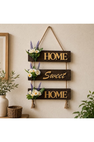 Papatya Çiçekli Home, Sweet, Home Duvar Süsü Ceviz
