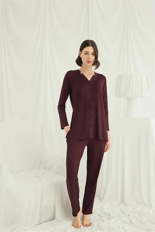Veraura Lifestyle Kadın Uzun Kollu Boydan Düğmeli V Yaka Pijama Takımı Mürdüm