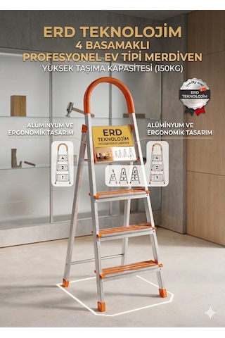 4 Basamaklı Profesyonel Ev Tipi Alüminyum Merdiven 150 Kg Taşıma Kapasitesi 4