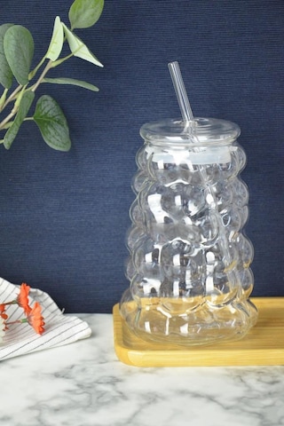 Mien Üzüm Desen Bubble Borosilikat Cam Pipetli Bardak 1 Litre Şefaf