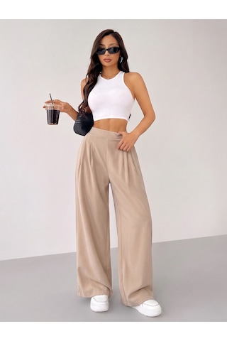 Genius Store Kadın Pantolon Scuba Krep Kumaş Beli Lastikli Cepli Pileli Geniş Paça Palazzo Pantolon Scuba-crep Taş