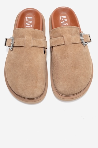 Vesta Toprak Süet Tokalı Hakiki Deri Kadın Burnu Kapalı Terlik Toprak