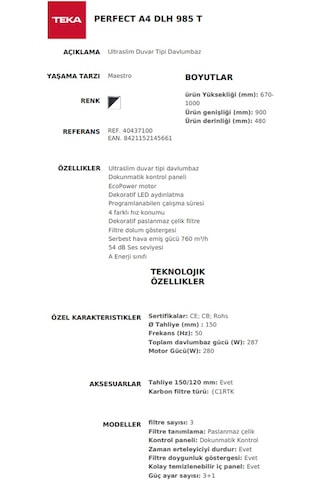 Teka A4 DLH 985 T Duvar Tipi Davlumbaz 40437100