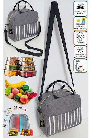 Sıcak, Soğuk Isı Yalıtımlı Termal Termoslu Yemek, Mama, Beslenme, Gıda İçin Askılı Taşıma Çantası Gri - Sarı