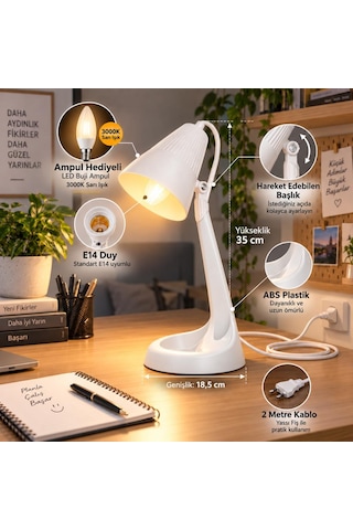 Hareketli Başlıklı Beyaz Masa Lambası E14 Duy, 3000k Sarı Işık Led Buji Ampul Hediyeli, 2 Metre Kablolu, Abs Plastik Çalışma Ve Ders Lambası