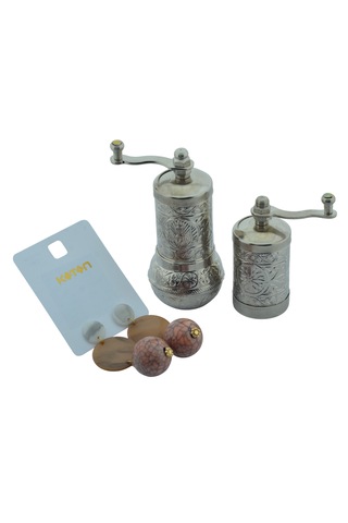 Motifli Baharat Değirmeni Gümüş Renk 2 Li Set Top Küpe Hediyeli