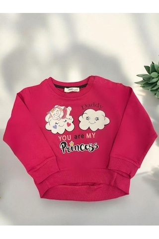 Zekids Kız Bebek Dady Yazılı Bulut Baskılı Pamuklu Sweat-14461 Fusya
