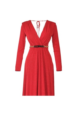 Explosion Maxi Abiye Elbise: Uzun Kol, V Yaka, Şık Kemer Detayı Kırmızı