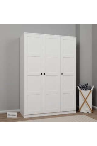 Loren 3 Kapaklı, 6 Raf Bölmeli, Askılıklı Geniş Elbise Dolabı, Gardırop, Beyaz 190 135 Beyaz